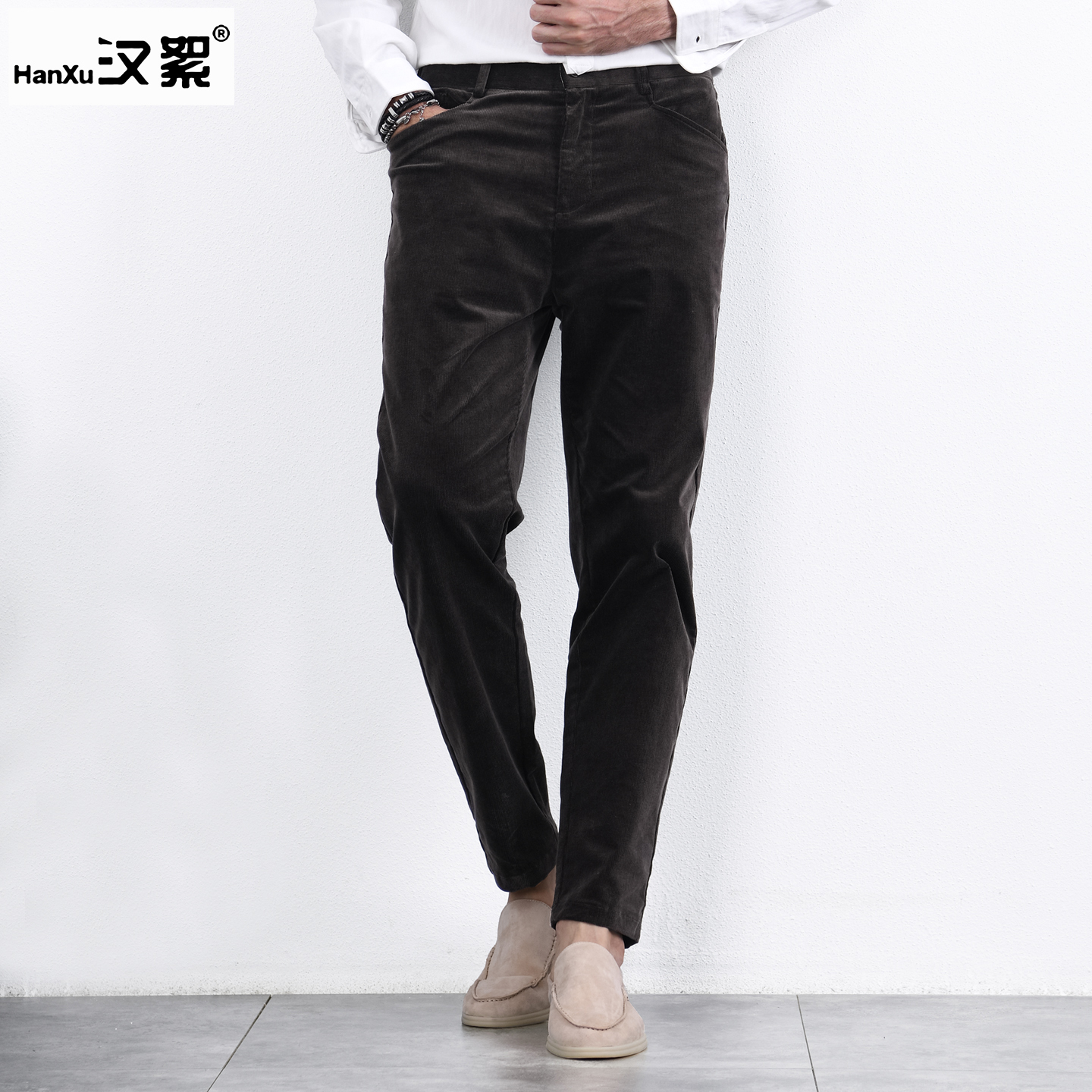汉絮定织16坑双股弹力灯芯绒休闲裤子男款秋冬季美式复古直筒长裤
