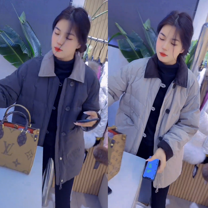 欧货翻领中长款拼接撞色棉服宽松保暖显瘦外套2025年冬季新款女