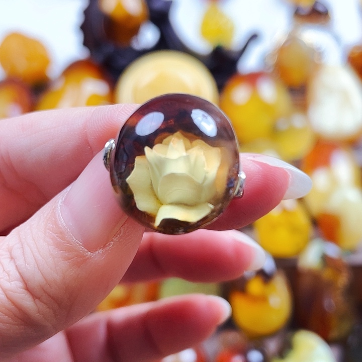 琥珀戒指银S925镶嵌戒指