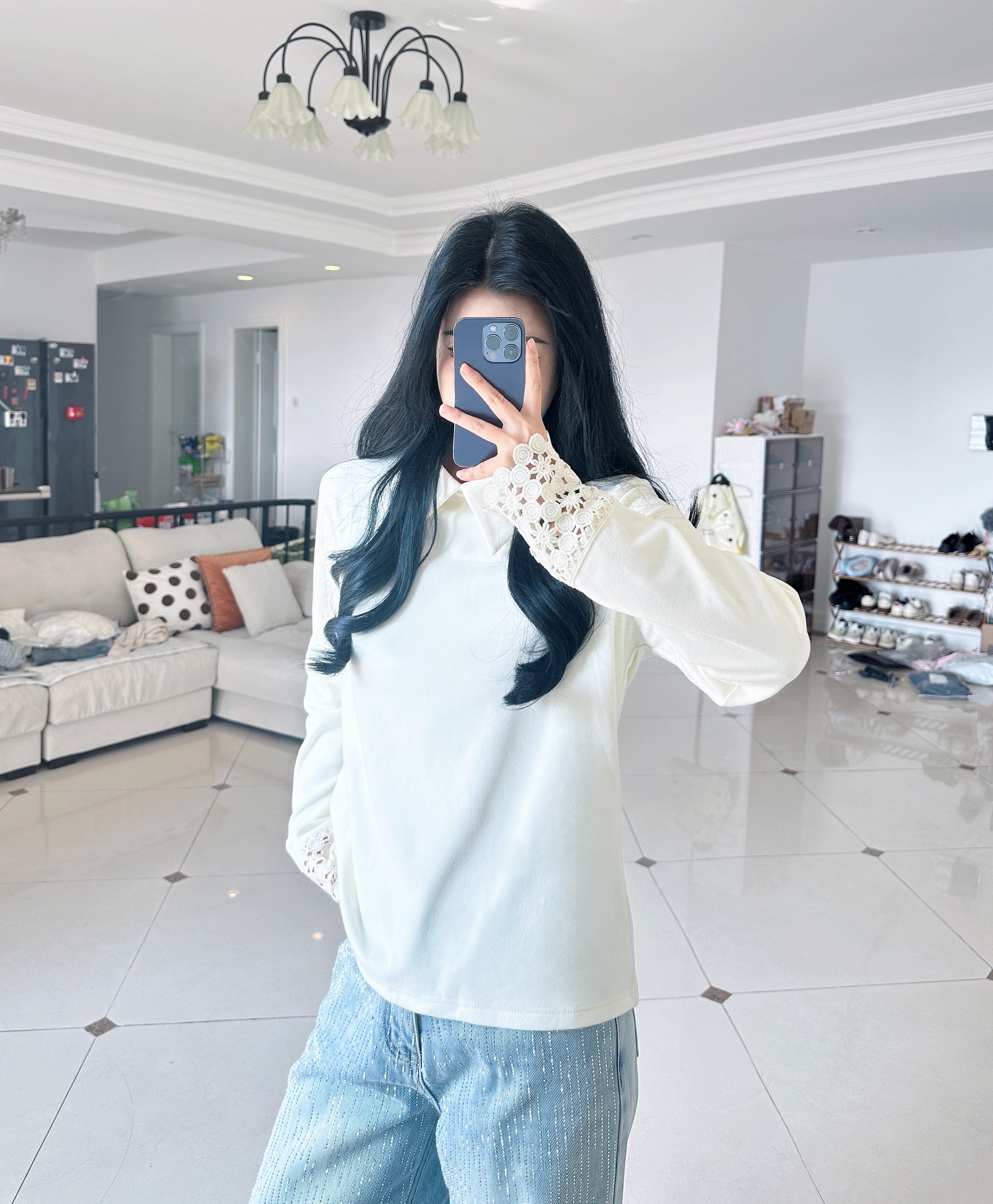 蕾丝拼接毛衣女秋冬季设计感POLO领针保暖织衫高级感上衣MU2531