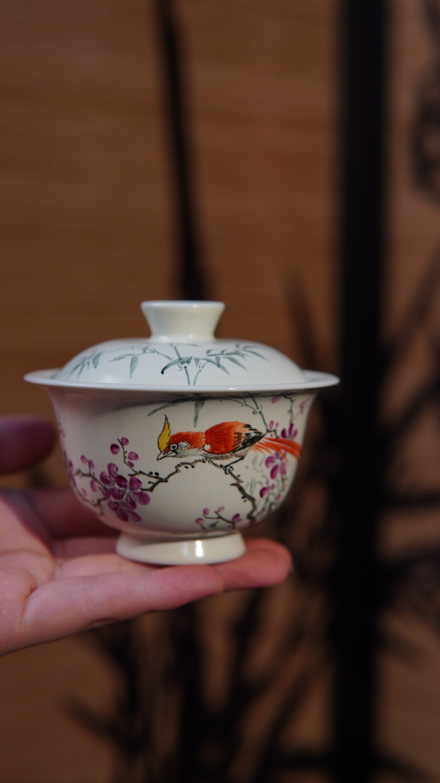等烟雨-喜上眉梢绶带鸟手绘盖碗白瓷家用陶瓷（A1-027）茶杯茶具