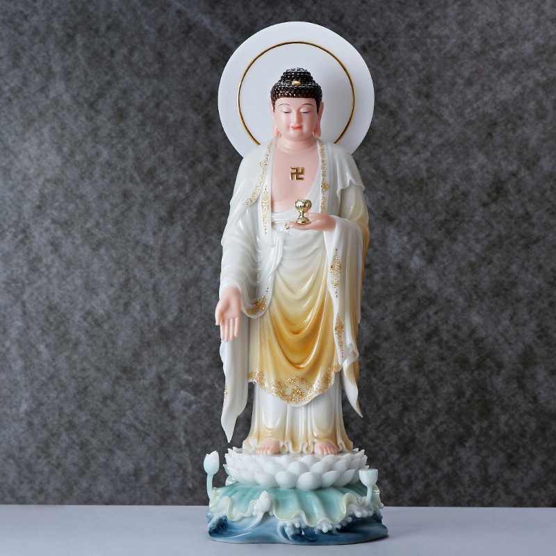 阿弥陀三尊水浪莲花西方三圣汉白玉石粉铸造彩釉镶金西方三圣创意