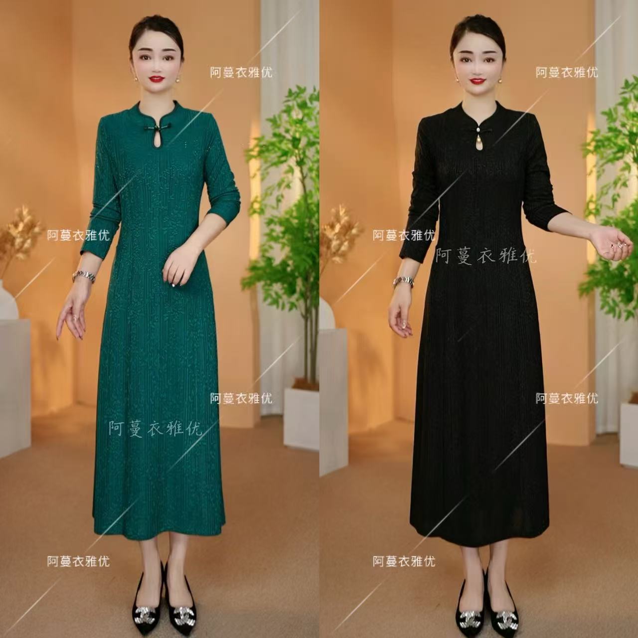 【衣雅严选】8082-2358#新云锦丝提花刺绣新中式水滴领旗袍连衣裙