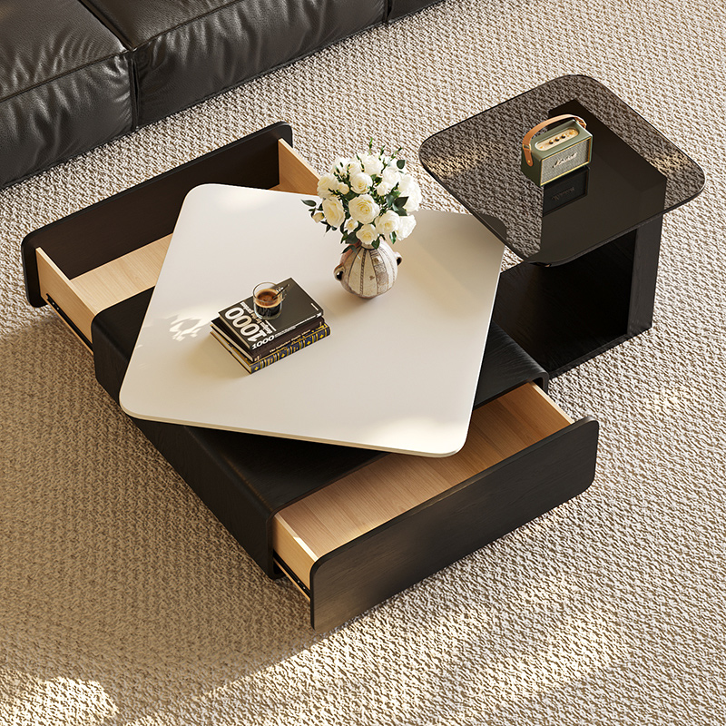 摩登枫情中古风纯白岩板茶几家用客厅小户型意式可旋转实木茶台桌