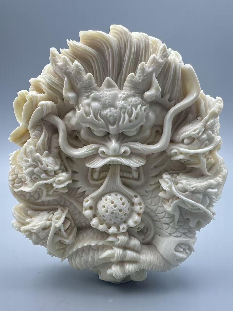 编号M50276 天然猛犸纯手工镂空大师精雕龙牌 五龙御天