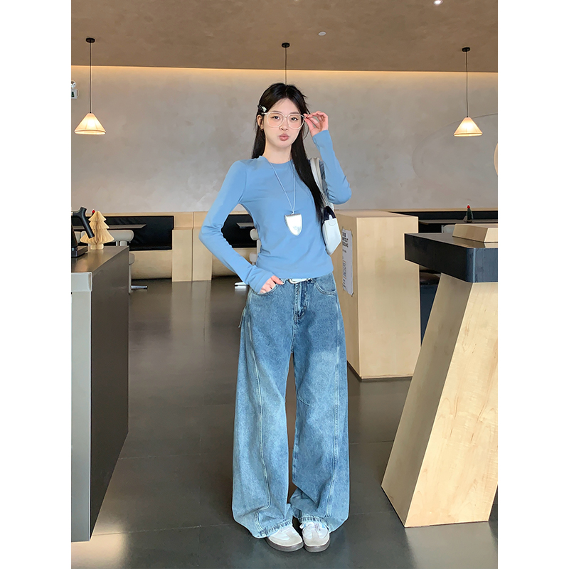 宋正恩浅蓝直筒牛仔裤女春季宽松阔腿裤高腰流行拖地裤子AAS2714