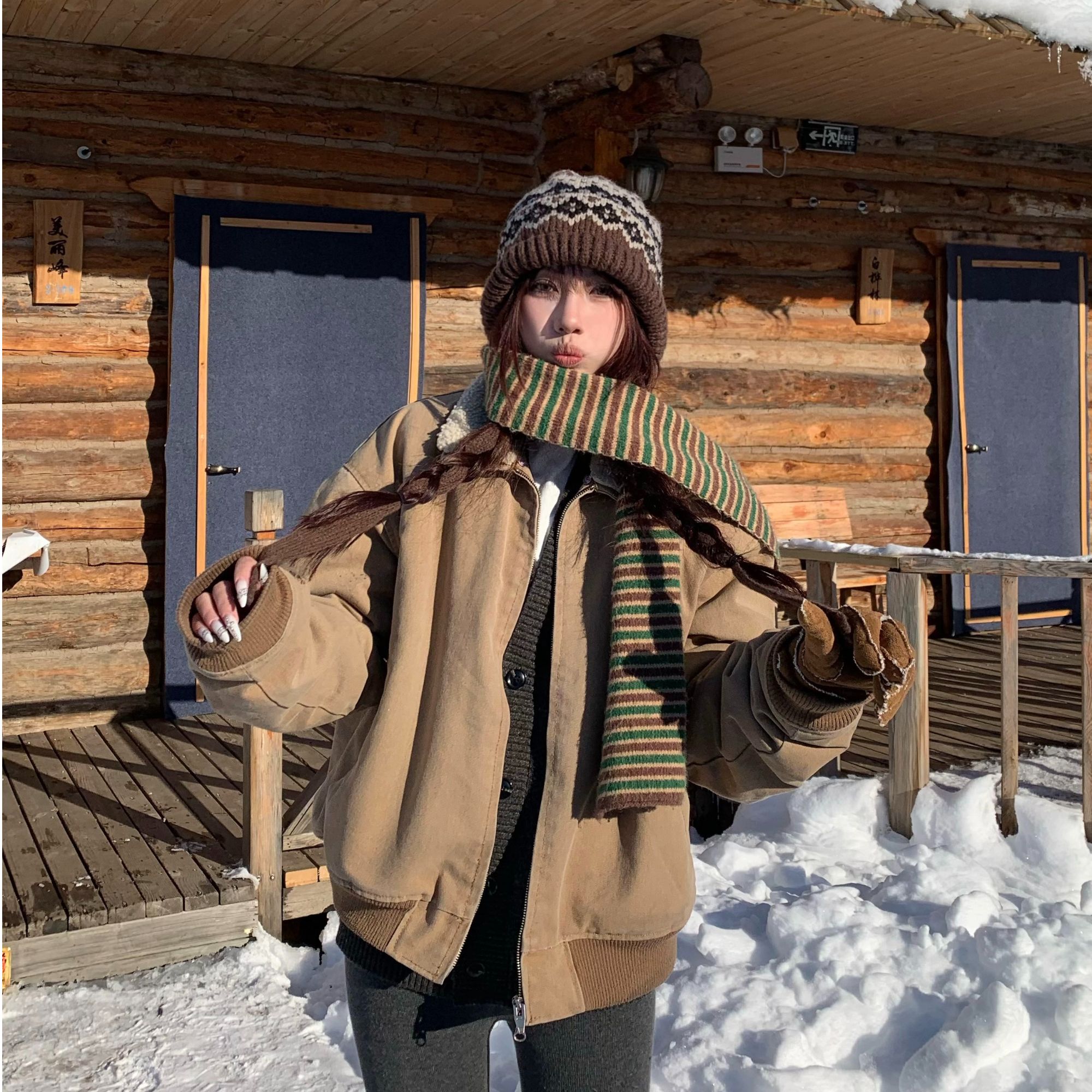 TGNS美拉德仿羊羔毛翻领加厚冬季外套女工装复古棕色底特律夹克男