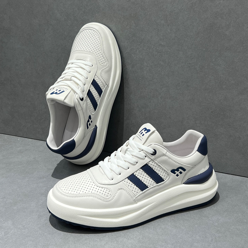 豚装夏季新款镂空透气小白鞋厚底休闲板鞋真皮百搭厚底男鞋鞋子