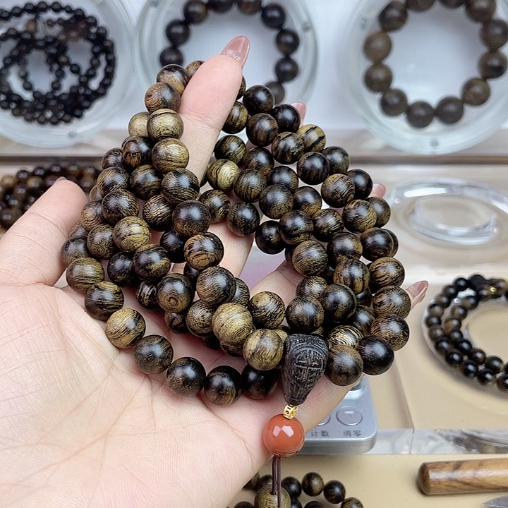 沉香手串乡**然越南芽庄白奇玉化留疤嘤子虎斑