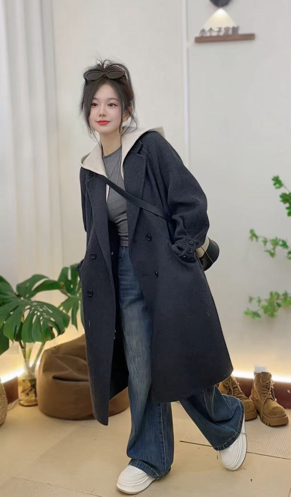 2025新款秋冬中长款连帽长款毛呢外套女