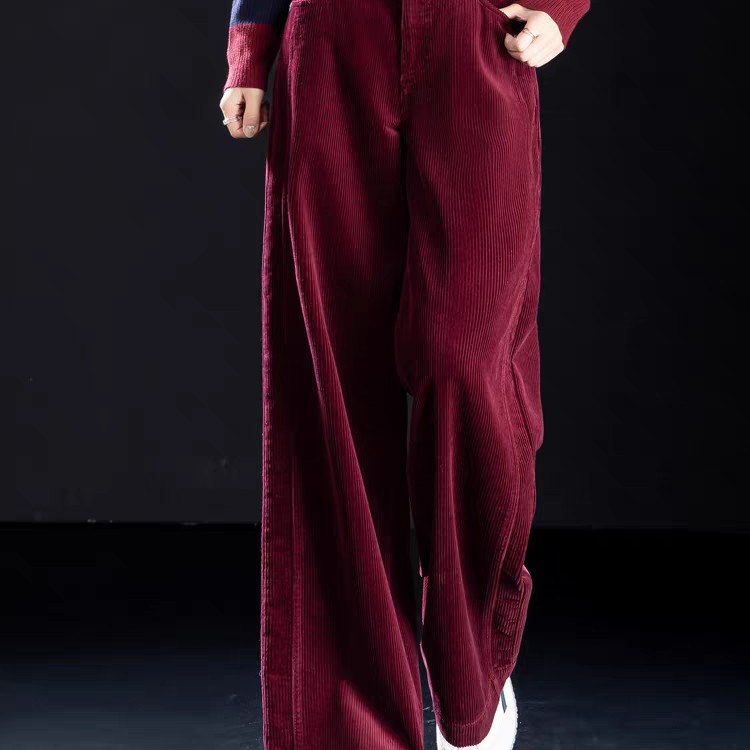 B区B891秋冬新款女士红色灯芯绒阔腿休闲直筒西裤