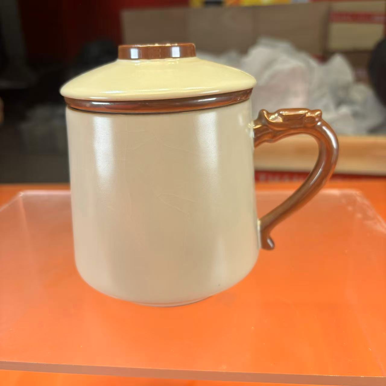 秋香茶具 黄汝窑办公杯茶水分离杯陶瓷过滤水杯