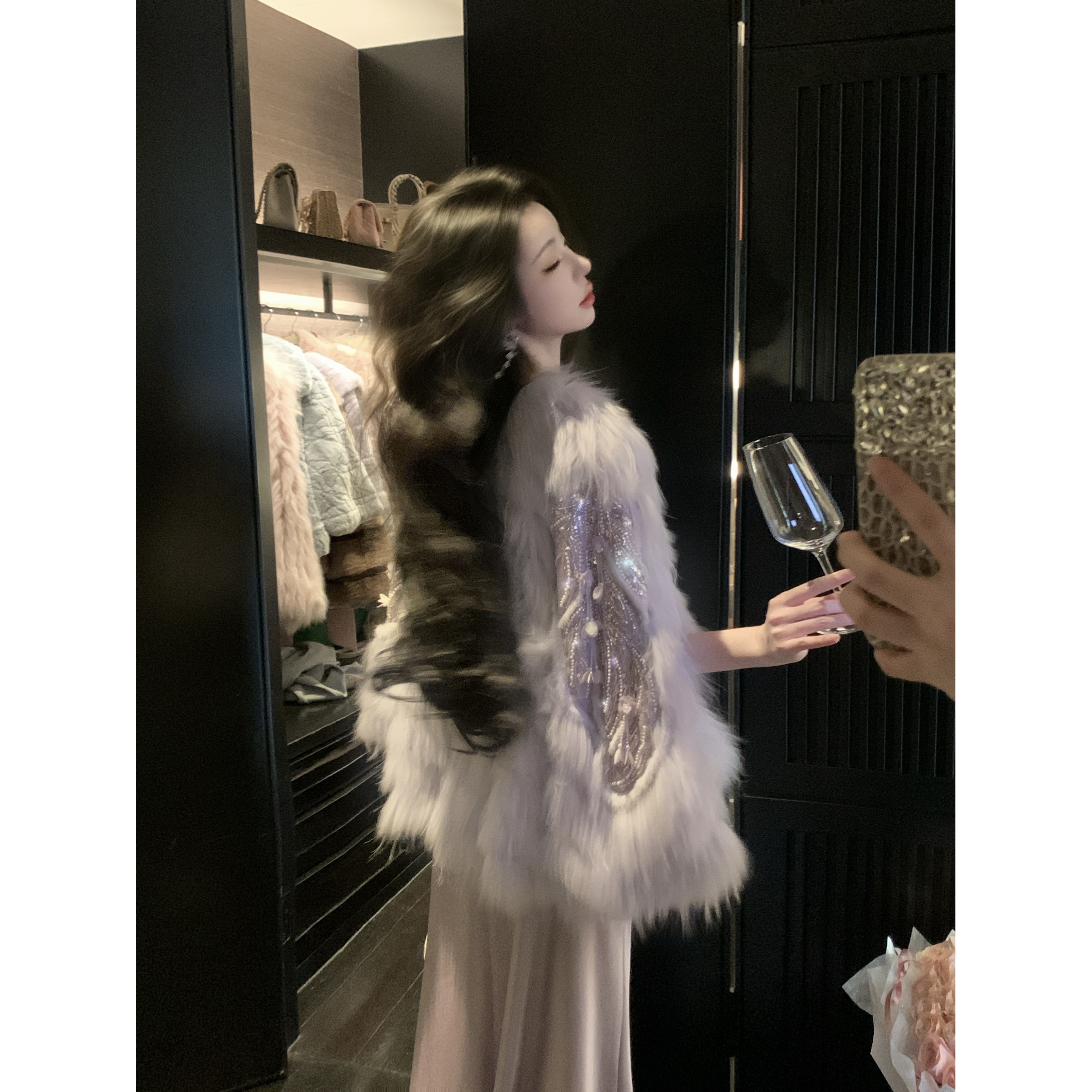【雅乔定制】世家珍藏 进口白貉毛亮片拼接皮草外套女DYCC-25108443