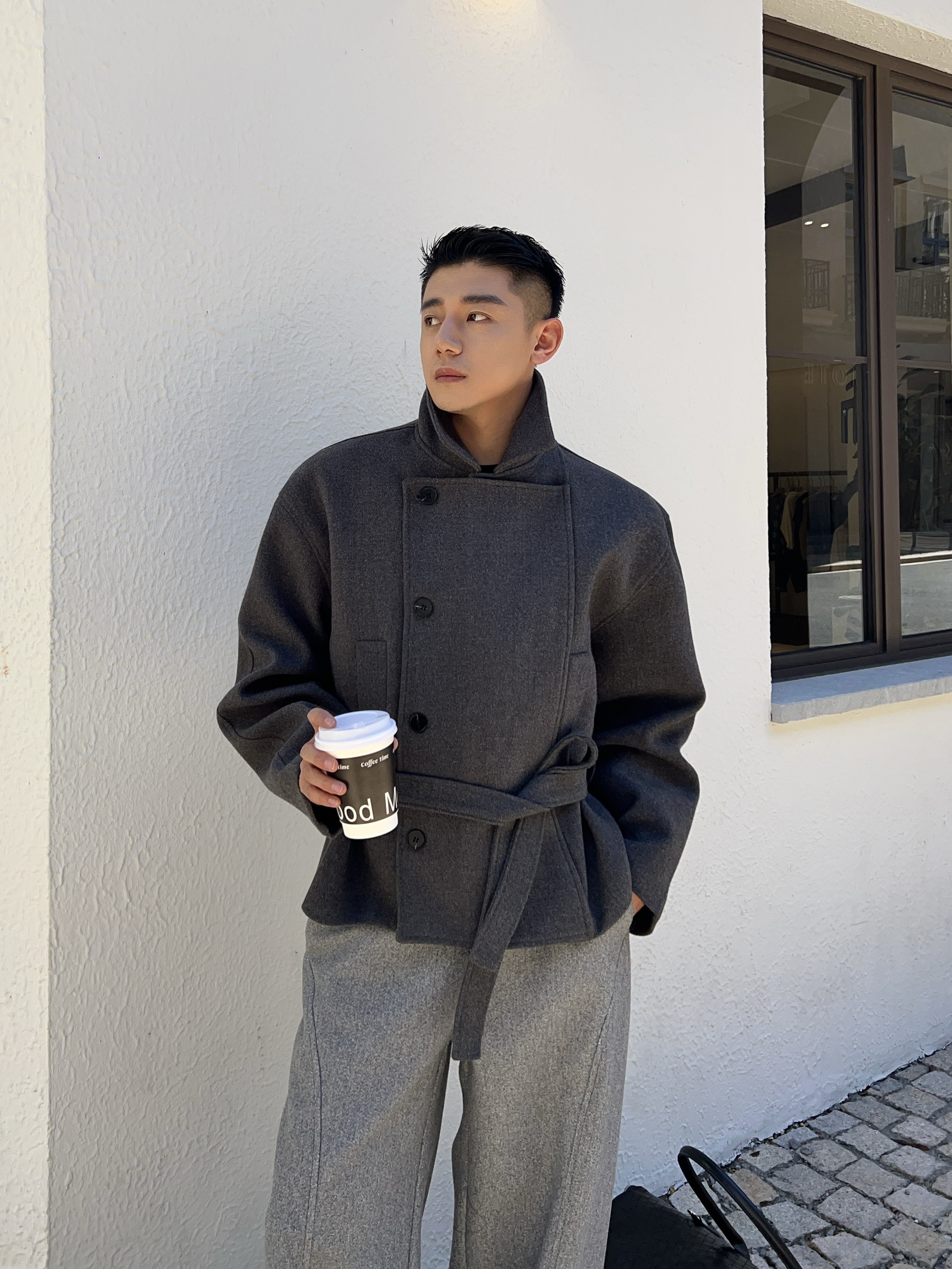 双排扣立领短款毛呢大衣高级感男款宽松灰色复古时尚宽松外套