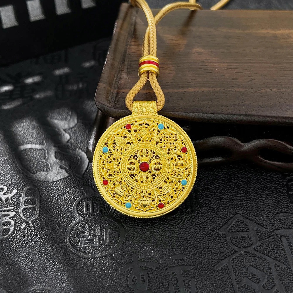 足金999真金古法珐琅彩罗盘吊坠