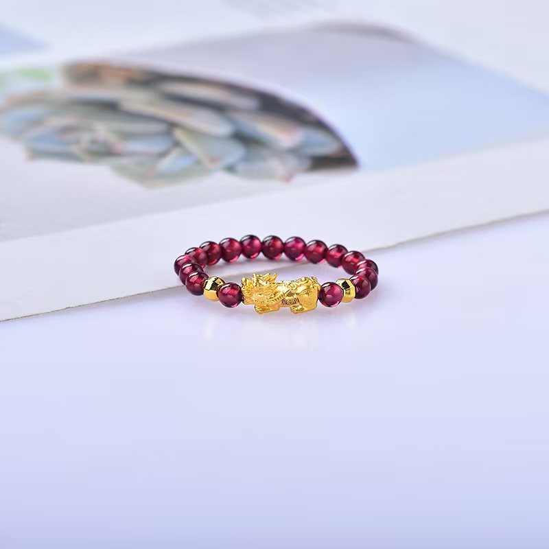 女款【黄金补贴】足金貔貅搭配天然石榴石女士戒指