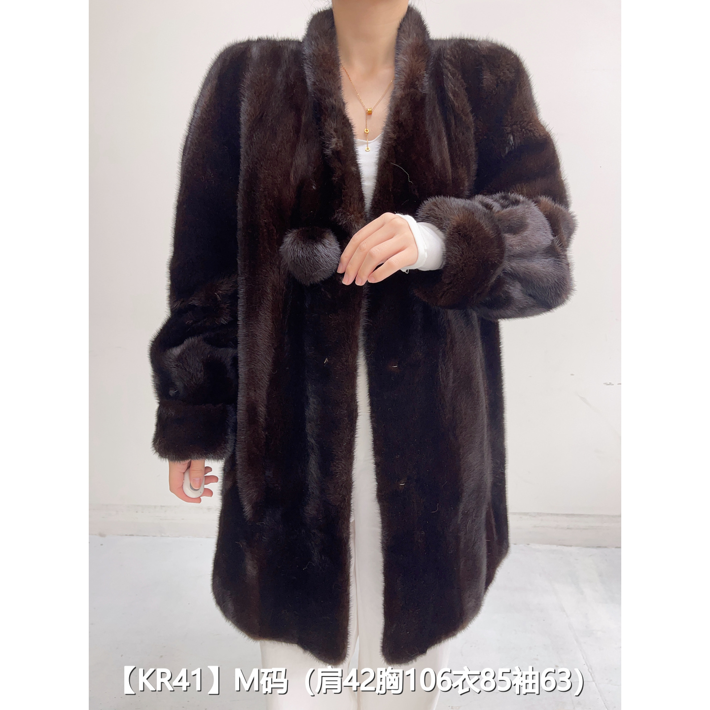 【KR41】M 棕黑色中长款逆毛宝嘉美貂皮水貂大衣女 V领挽袖 40041
