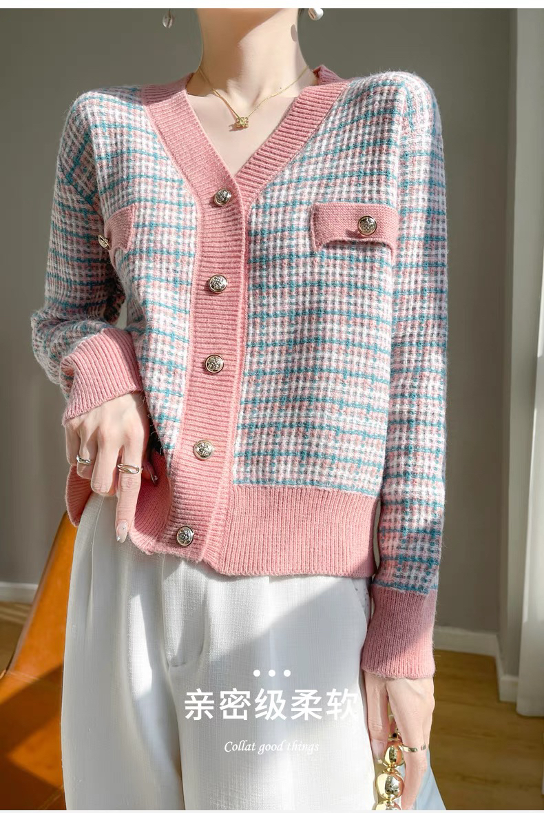 小香风洋气款温柔软糯气质百搭款V领长袖针织小开衫拼色毛衣外套