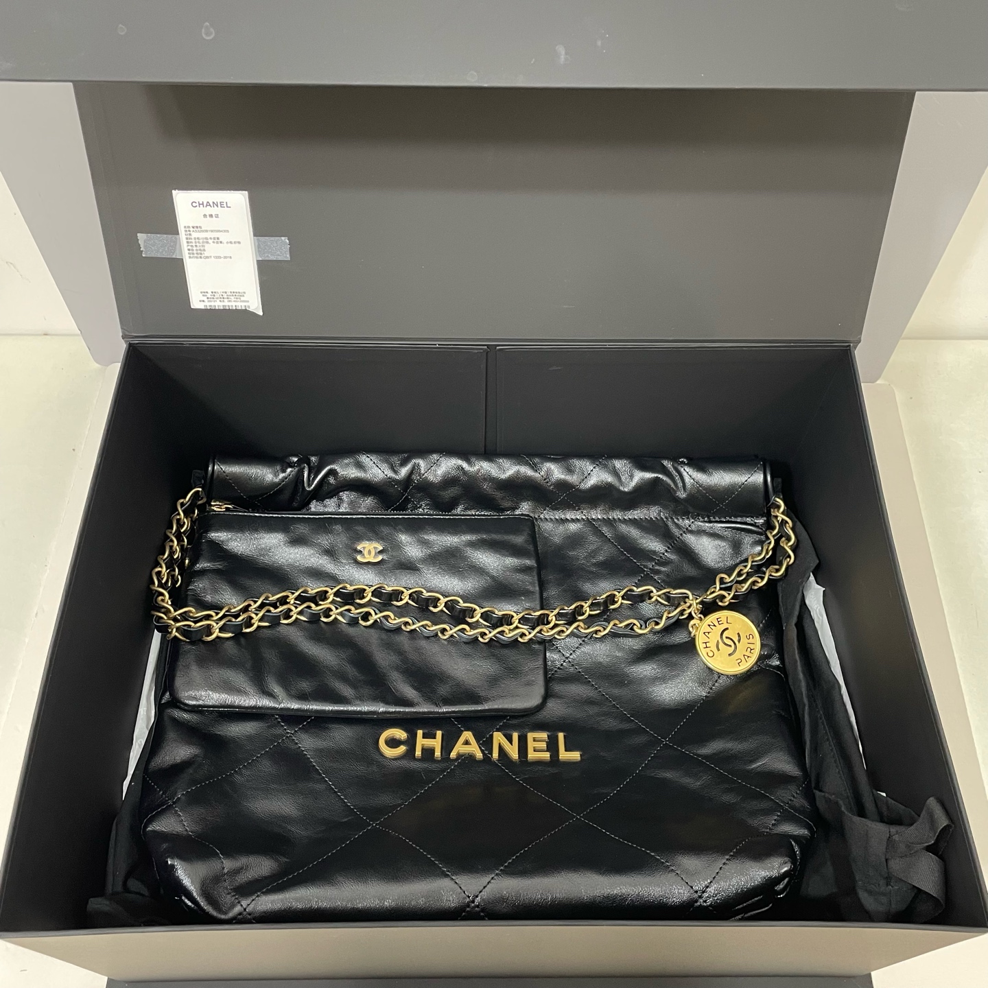 未使用 Chanel/香奈儿 /25P22bag小号/黑金牛皮芯片款/单肩包Y