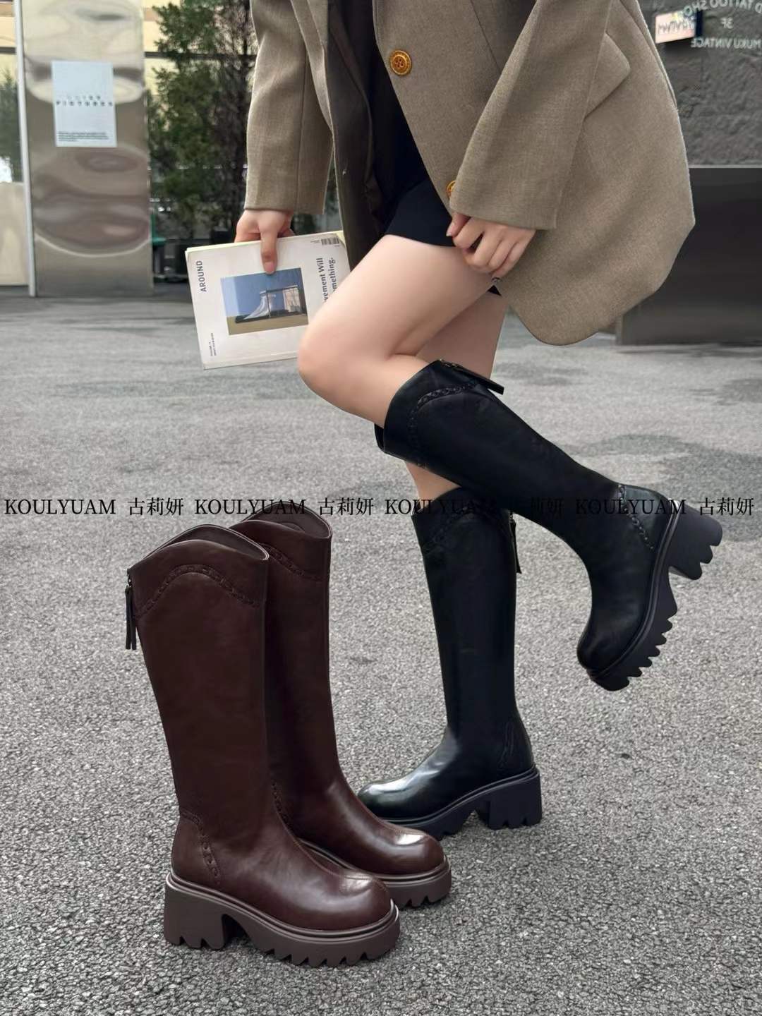 8670-13真皮时装靴美拉德风靴子骑士长筒厚底冬季百搭女鞋高筒靴