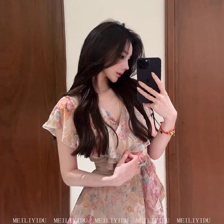 女款法式碎花荷叶设计短袖连衣裙夏季绑带气质腰显收瘦露脐裙子