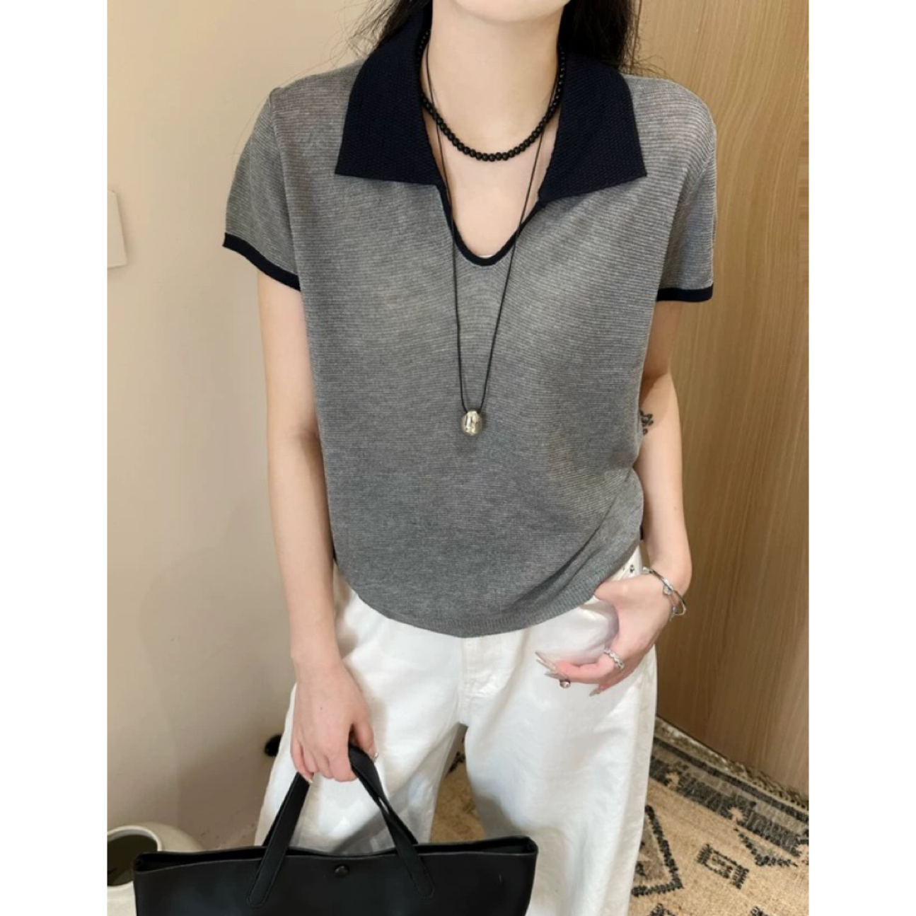 丽丽家~雾灰翻领短袖显瘦短款百搭夏季薄款上衣