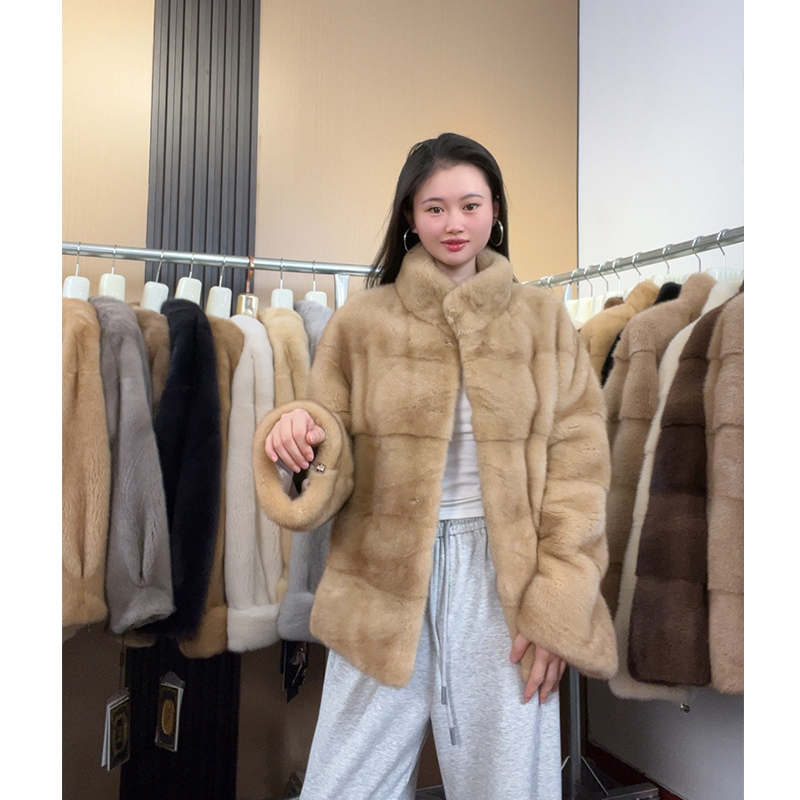 海宁2025真貂整貂水貂横排新工艺小红书爆款时尚中长款立领女皮草