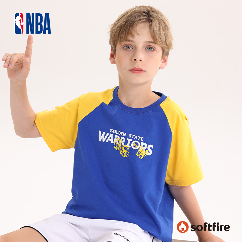 NBA联名t恤SOFTFIRE款童装青少年圆领短T恤勇士队配色电竞儿童