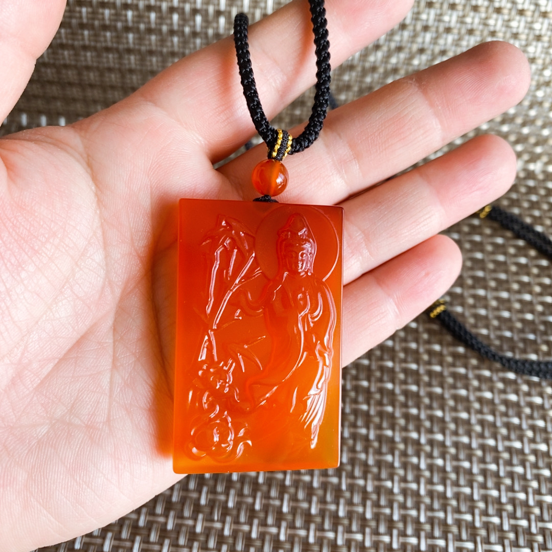 江料北红玛瑙观音吊坠男士玛瑙观音牌子挂件精品玛瑙站观音项链坠