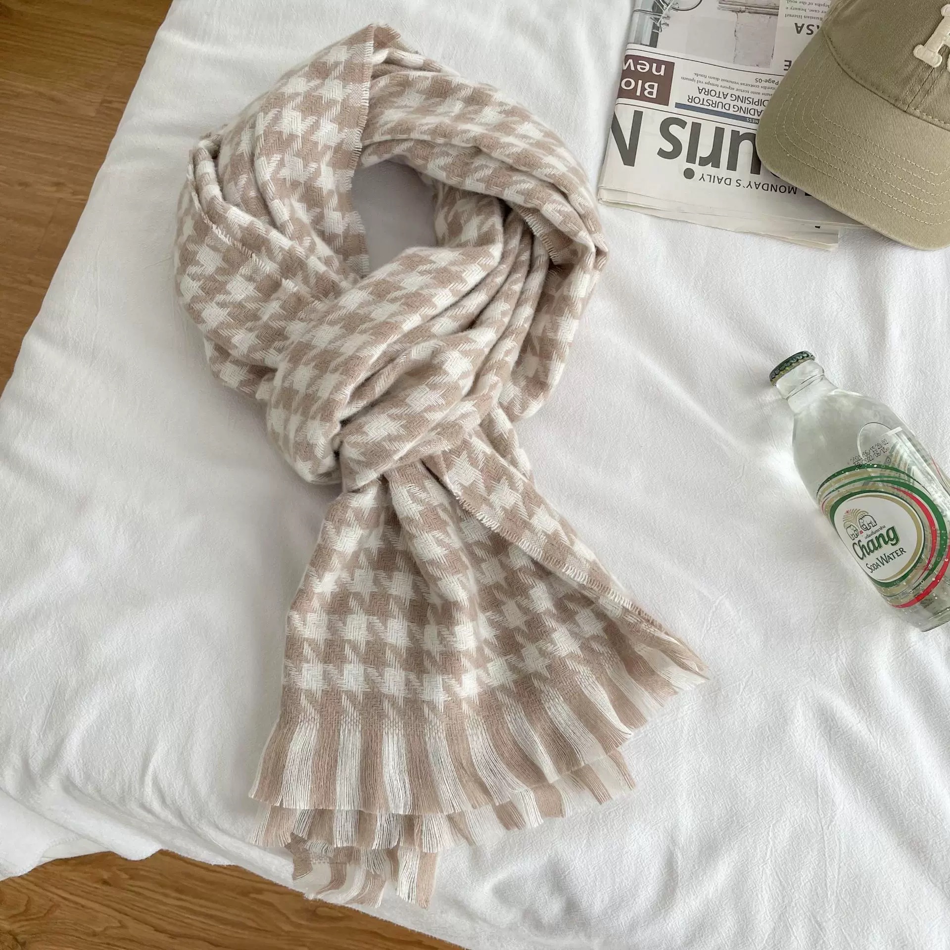 杏色2025新款千鸟格韩版经典加厚时尚百搭不掉色围巾格子保暖围巾