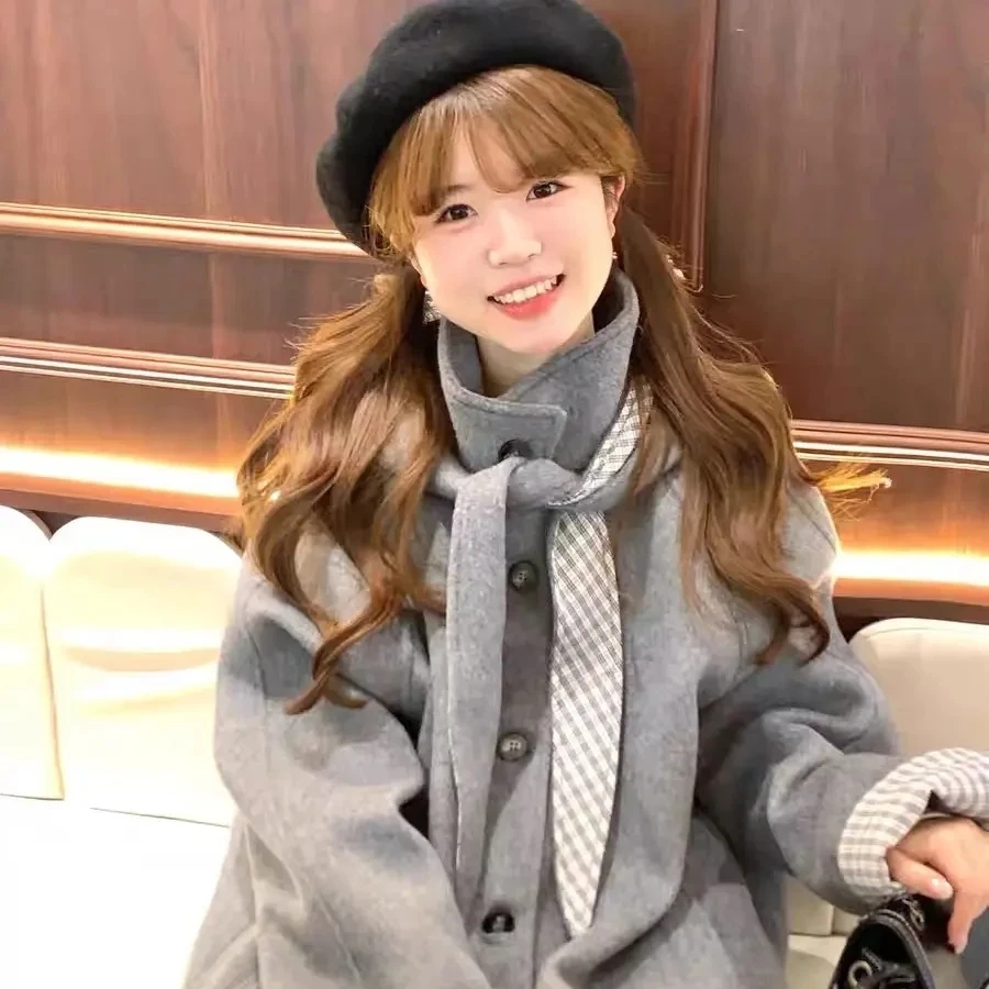 韩版拼接格纹设计感兔耳朵宽松中长款羊毛外套