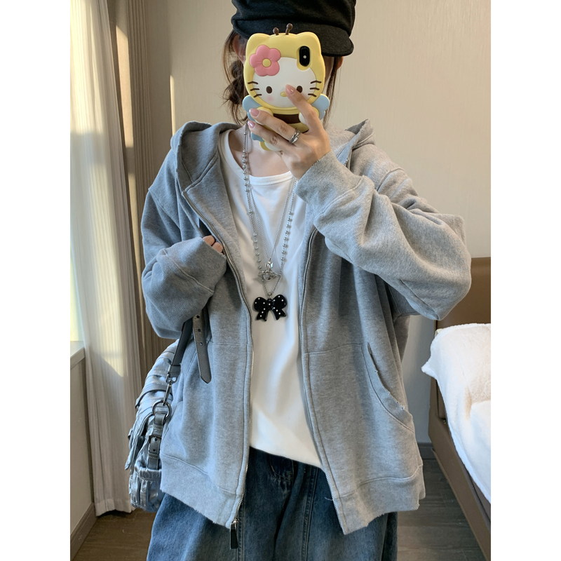 小沈美眉 慵懒简约 纯色连帽拉链卫衣外套秋冬宽松显瘦开衫上衣女