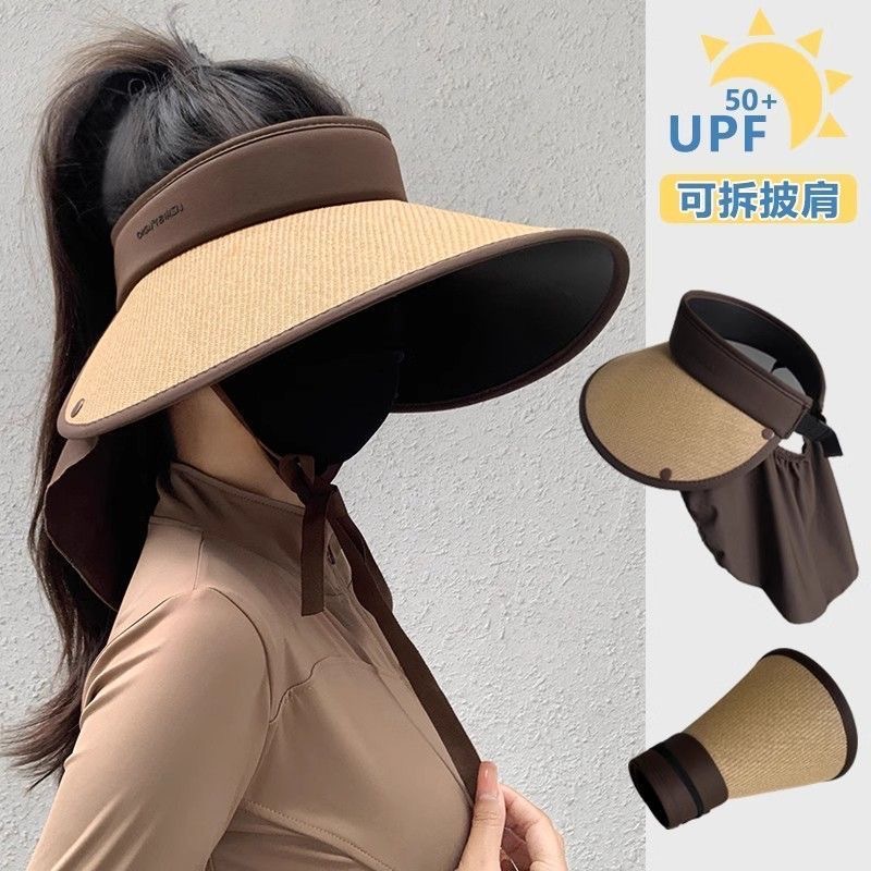 新款防晒帽女款春夏护颈防紫外线遮阳帽大帽檐户外草编空顶太阳帽