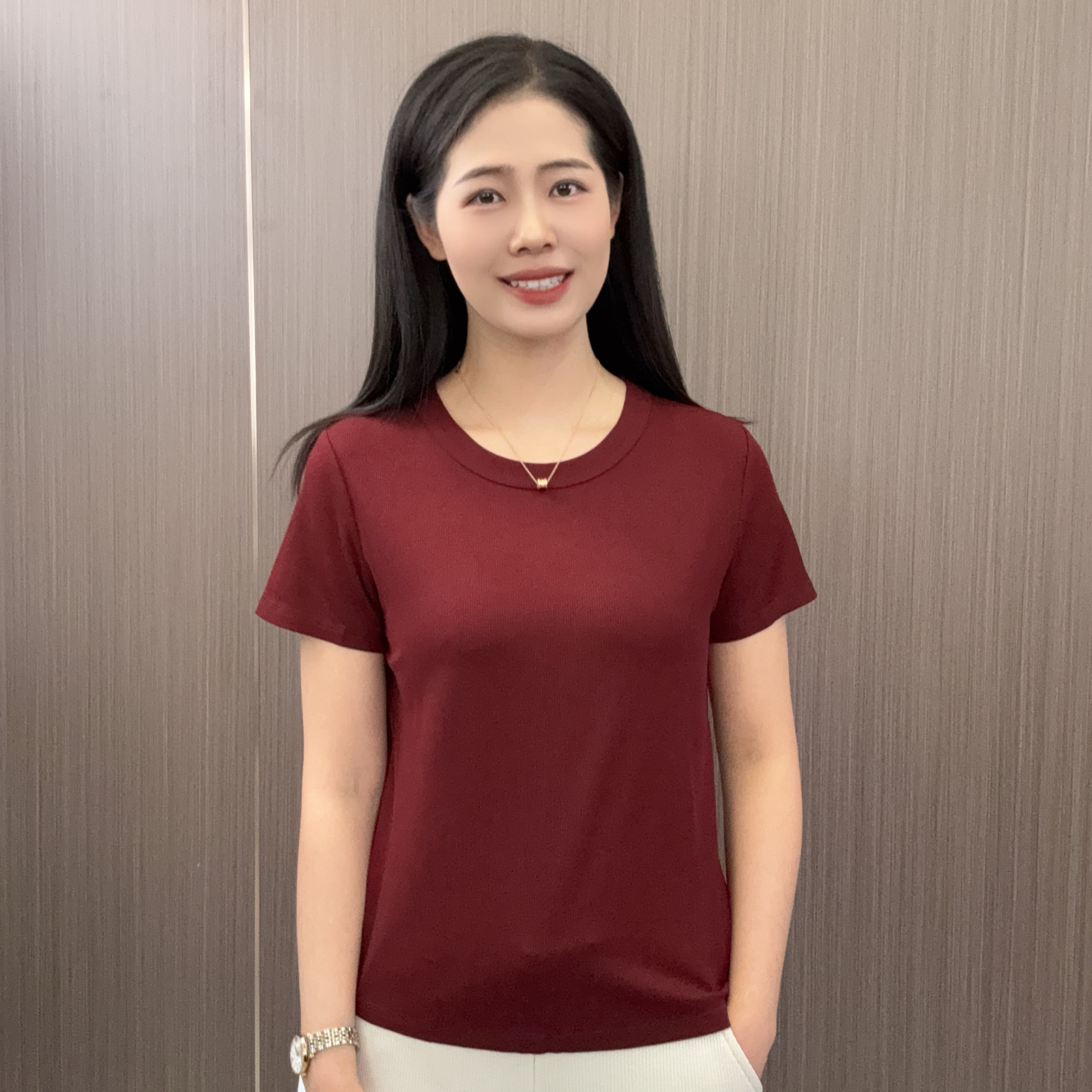 新款夏季清凉纯色小圆领简约显瘦女士短袖t恤时尚罗纹棉打底衫