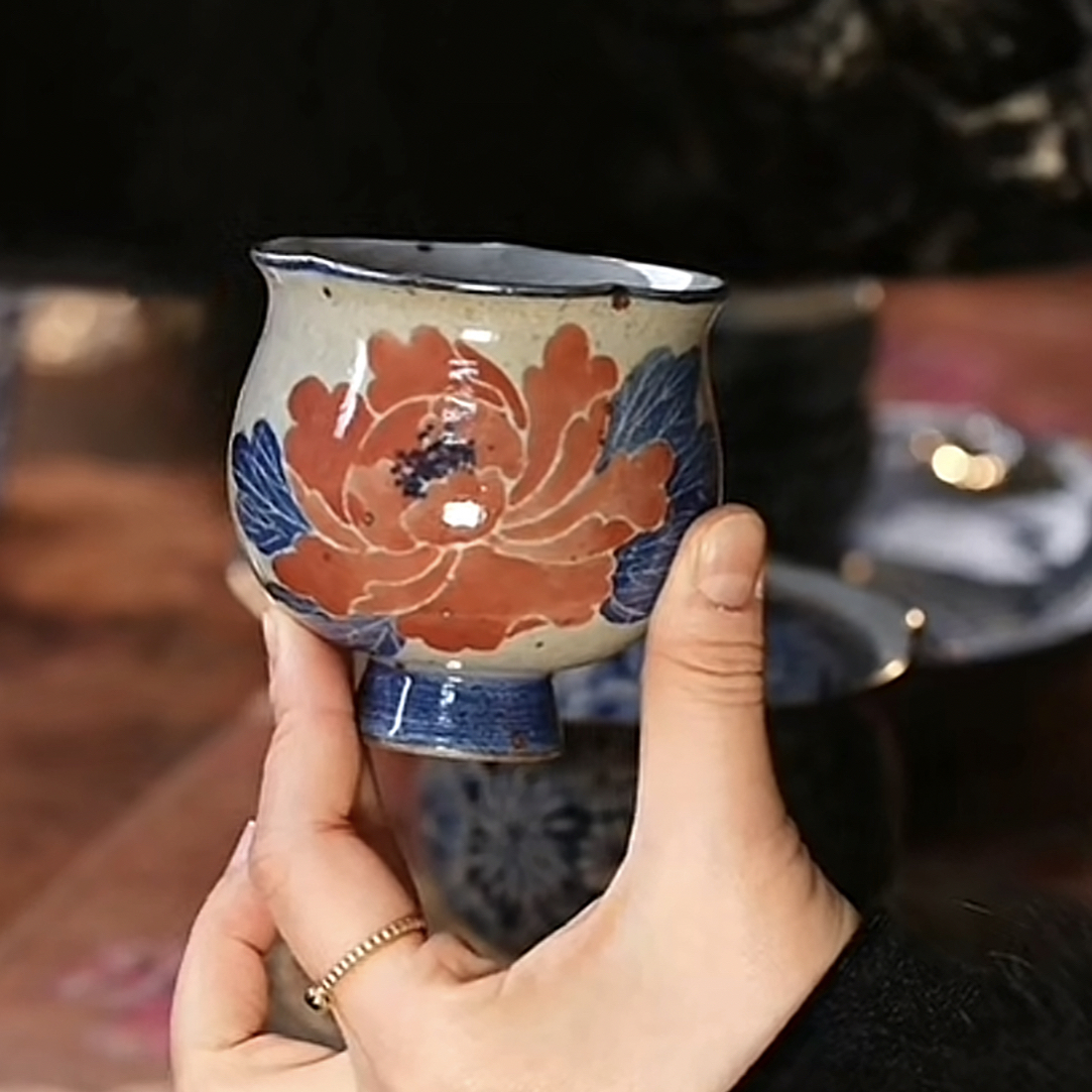 【近山古美】红牡丹花口高足杯手工手绘釉下彩高温瓷