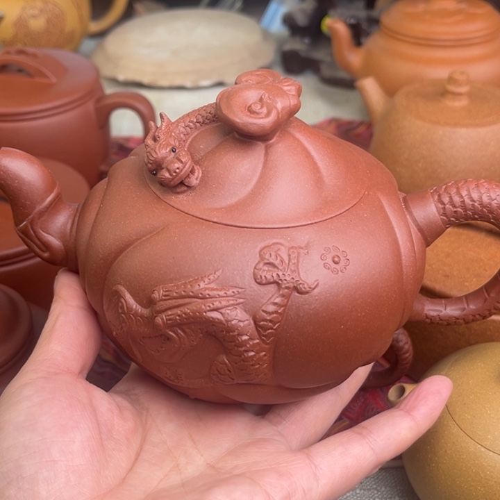 紫砂茶壶原矿红皮龙鱼化龙精工半手400cc