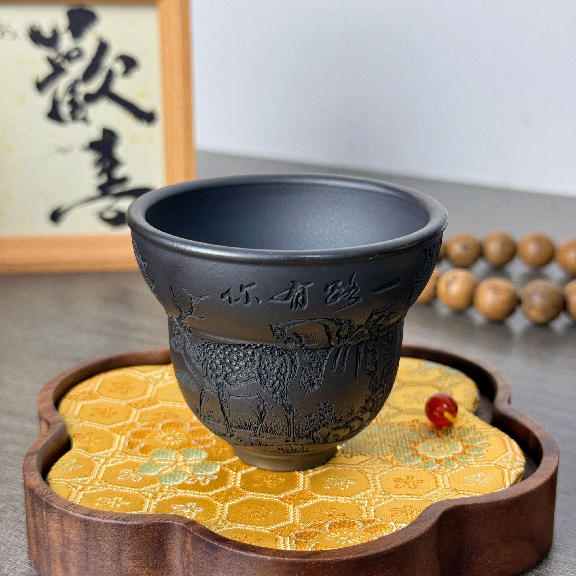 宜兴紫砂刘海棠手刻一鹿有你主人杯葫芦杯原矿一厂黑料茶杯100ml