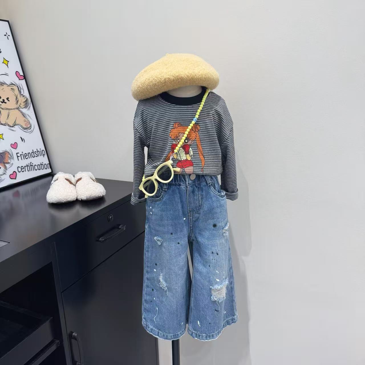 现货~女童秋季条纹T洋气破洞牛仔裤套装Q5-172/Q5-119