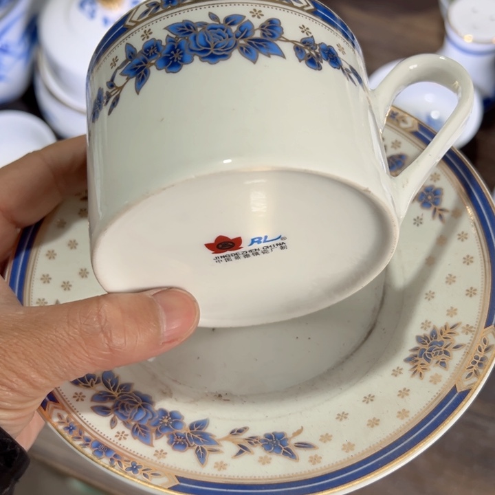 杯蓝金牡丹耳杯陶瓷