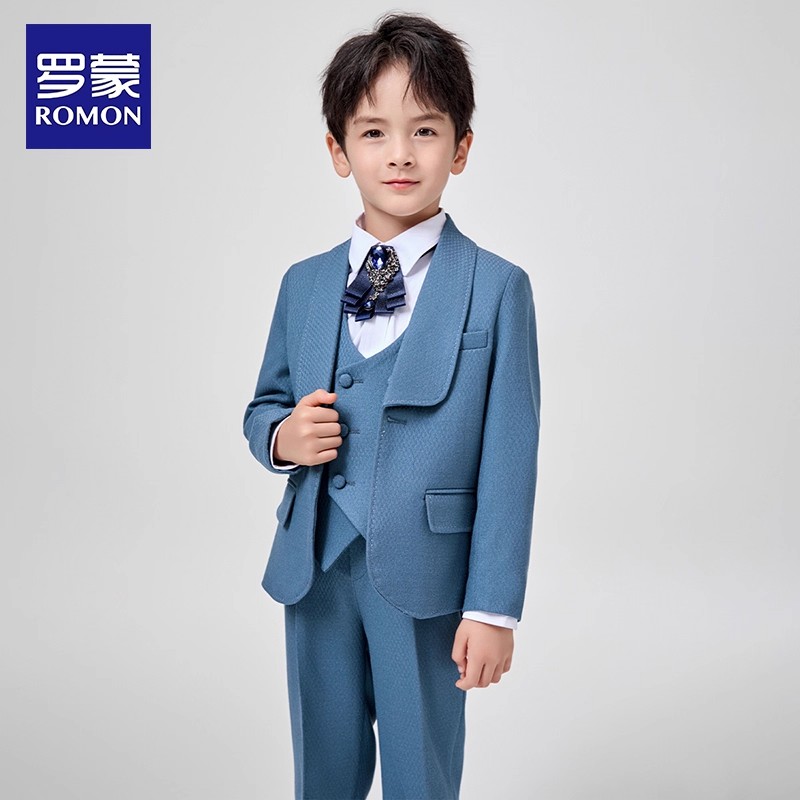 Romon/罗蒙男童韩系春秋单排扣学院风水波纹西服礼服男孩中大童