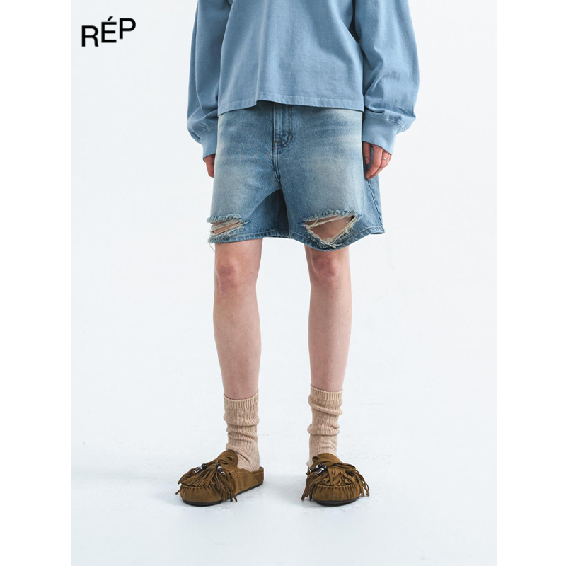 REP-NOICE设计师品牌水洗蓝破洞牛仔短裤 26SS