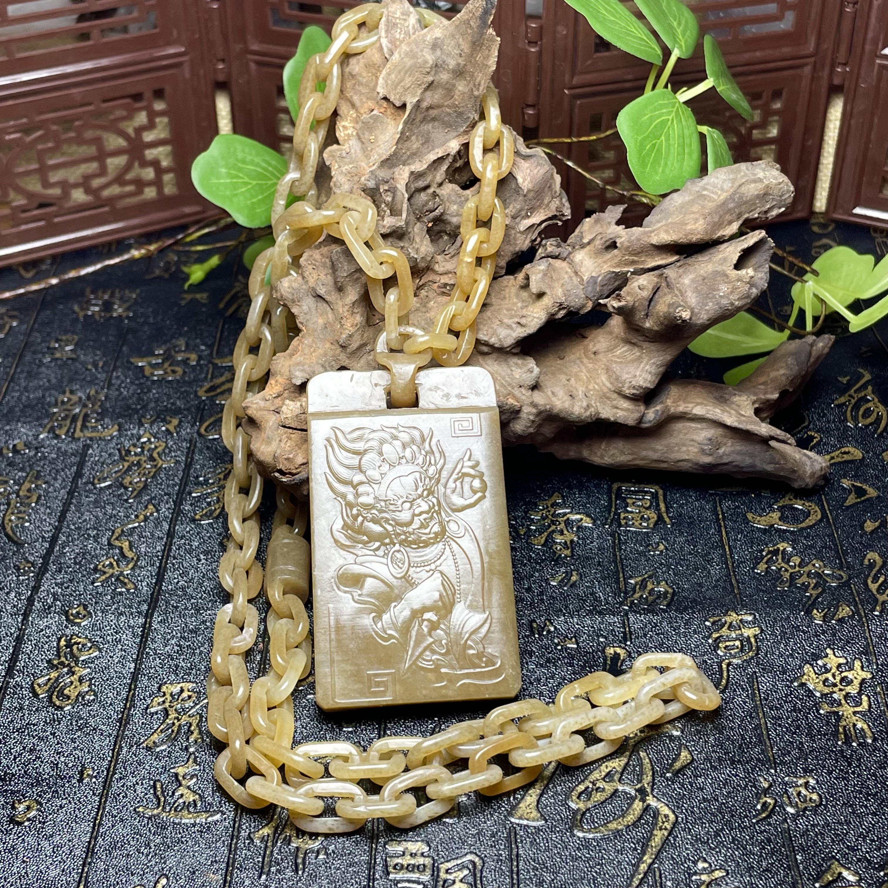 新疆和田玉且末糖大黑天守护神一体链挂件满糖链条老师傅手工雕刻