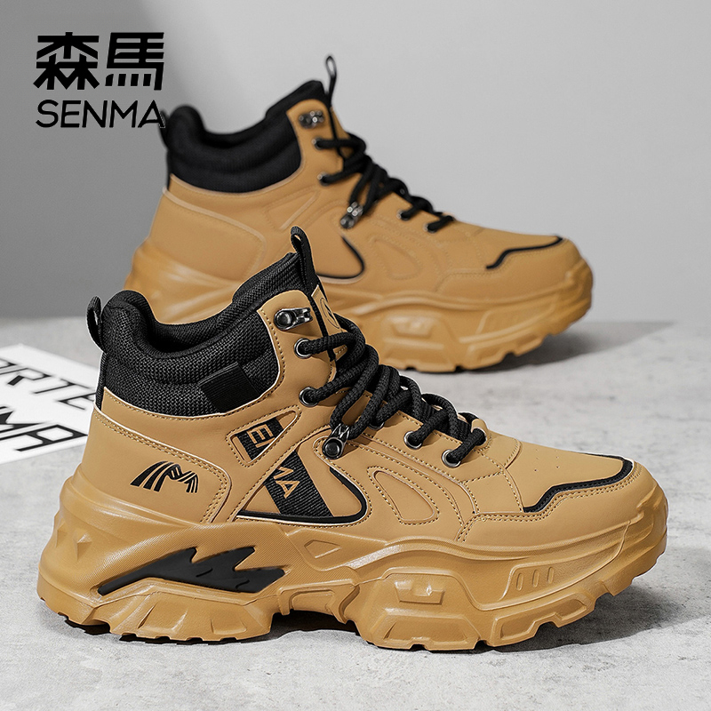 森马马丁靴男款秋季户外登山运动高帮大黄靴英伦风复古厚底工装靴