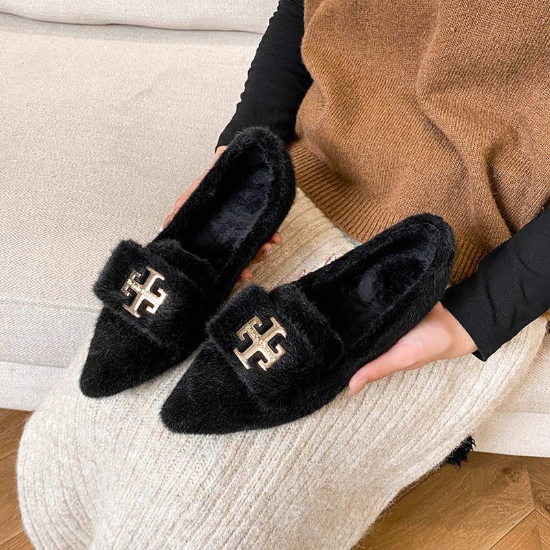 新款百搭时尚尖头蝴蝶结搭扣休闲保暖加绒内增高软底毛毛鞋