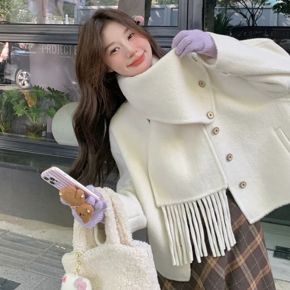 时尚百搭围巾领短款双面呢毛呢大衣外套女冬季气质宽松设计