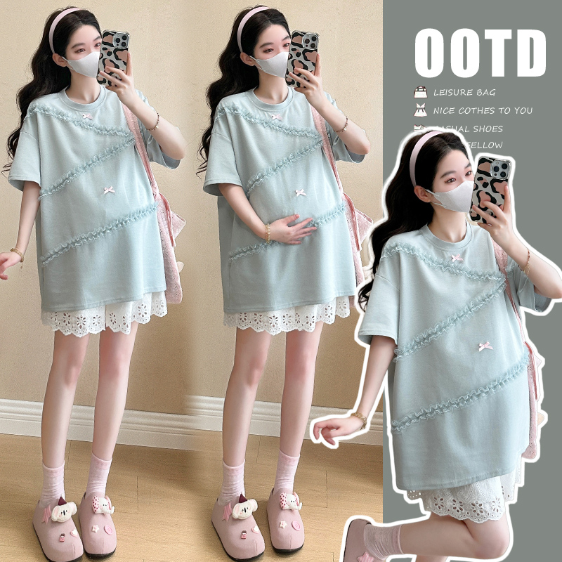 蕾丝花边蝴蝶结孕妇套装2025夏季新款百搭孕妇上衣T恤短裤两件套