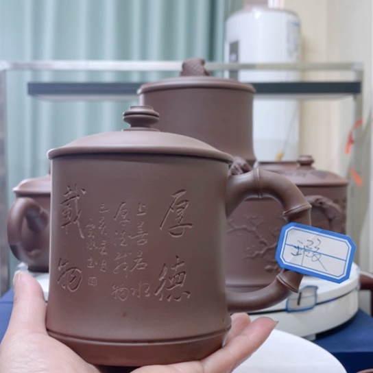 紫砂茶杯紫泥刻绘竹节杯