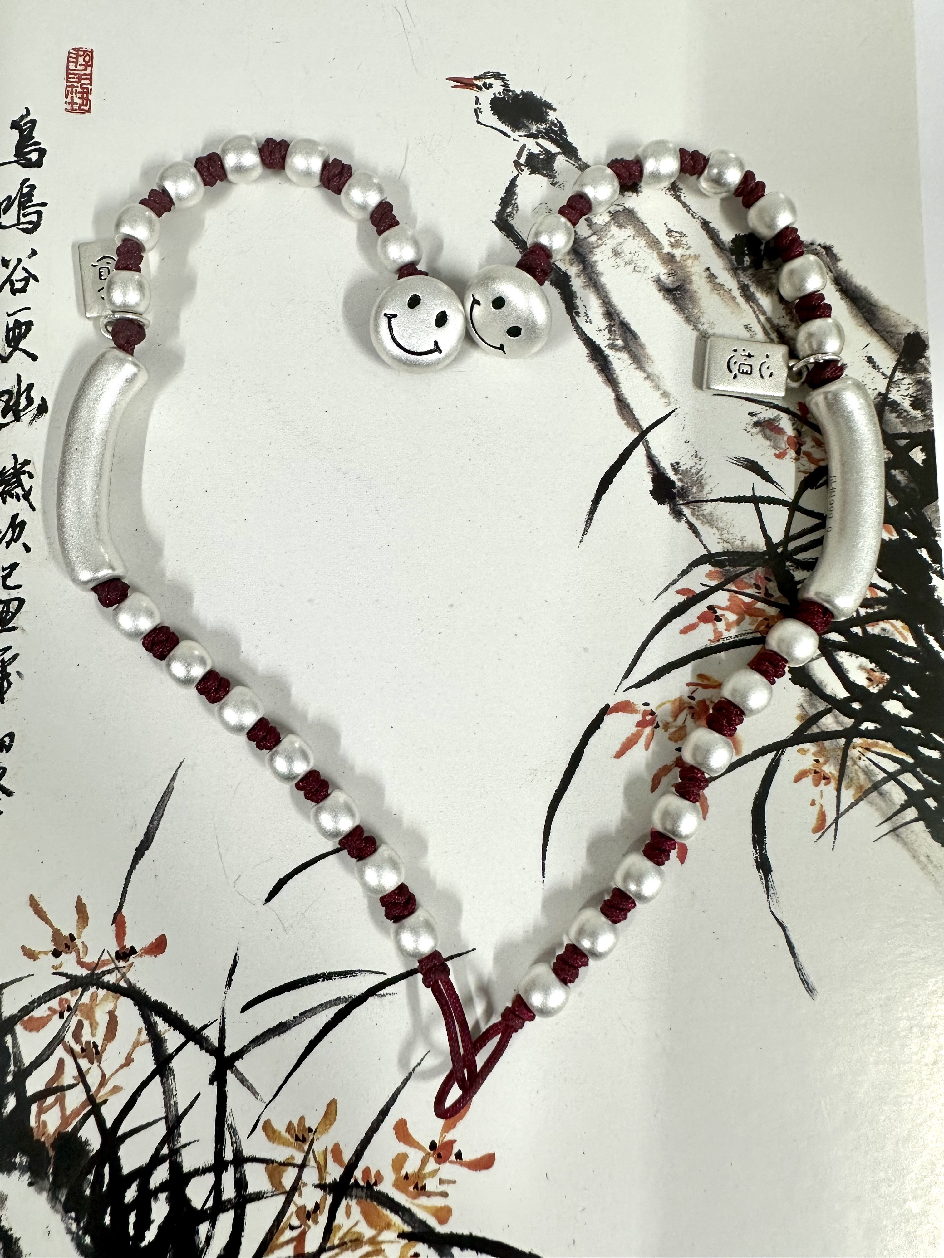 足银手链 goodluck天天开心笑脸红绳百搭时尚