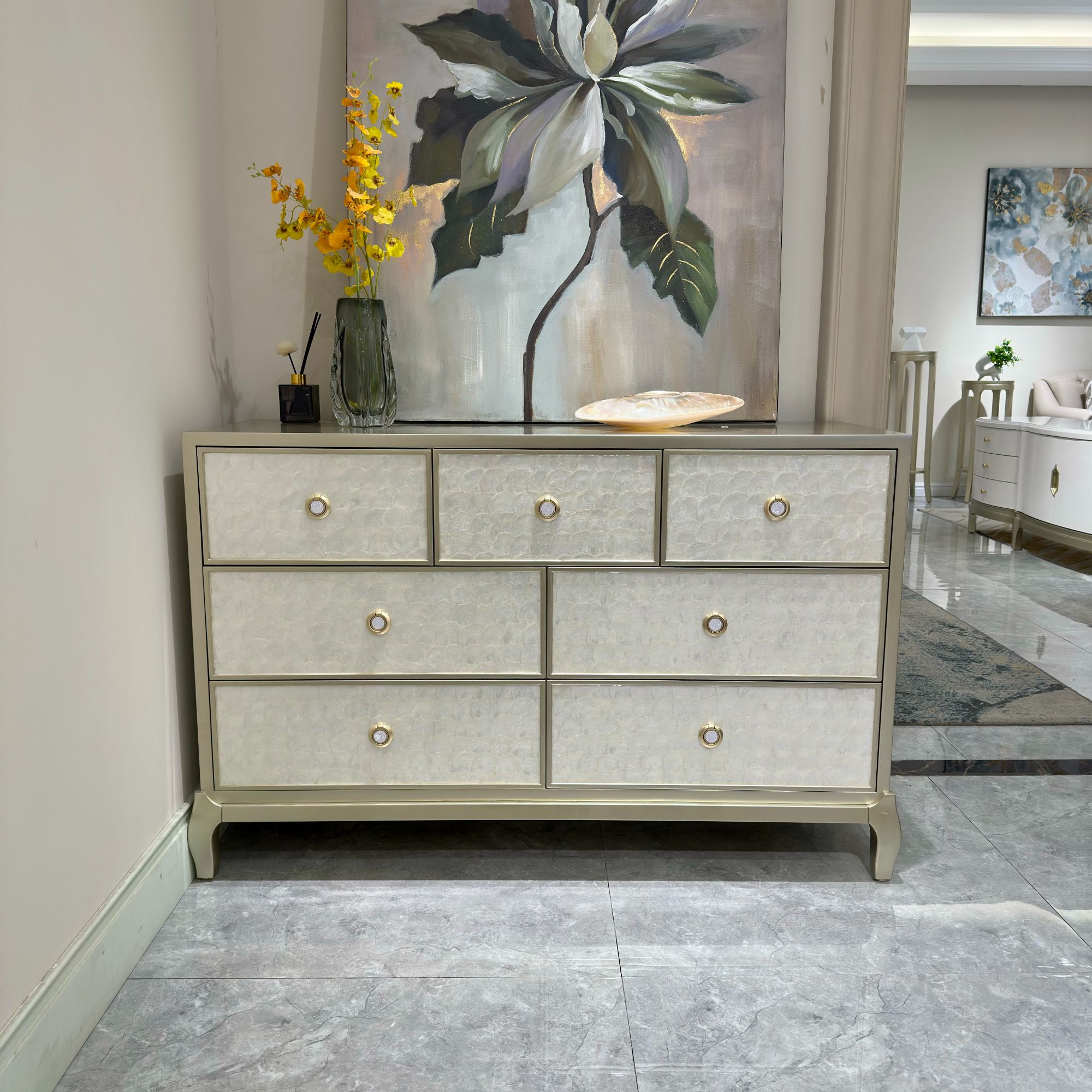 FR16美式轻奢实木客厅贝壳七斗柜/储物柜（尺寸1300*440*850）