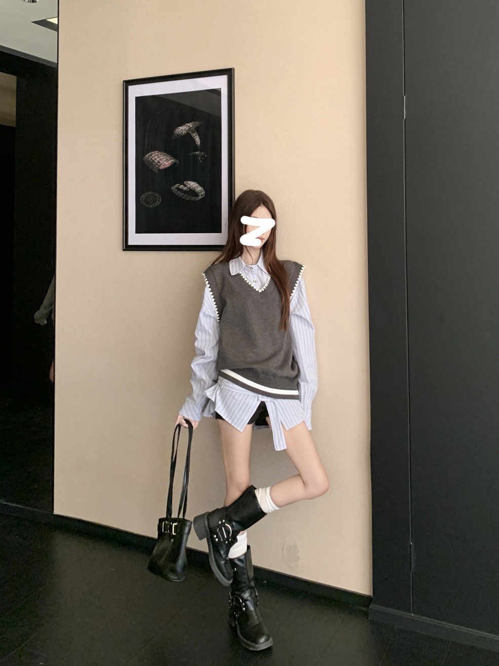 学院风套装蓝色条纹衬衫长袖衬衣女秋冬季无袖针织马甲背心两件套